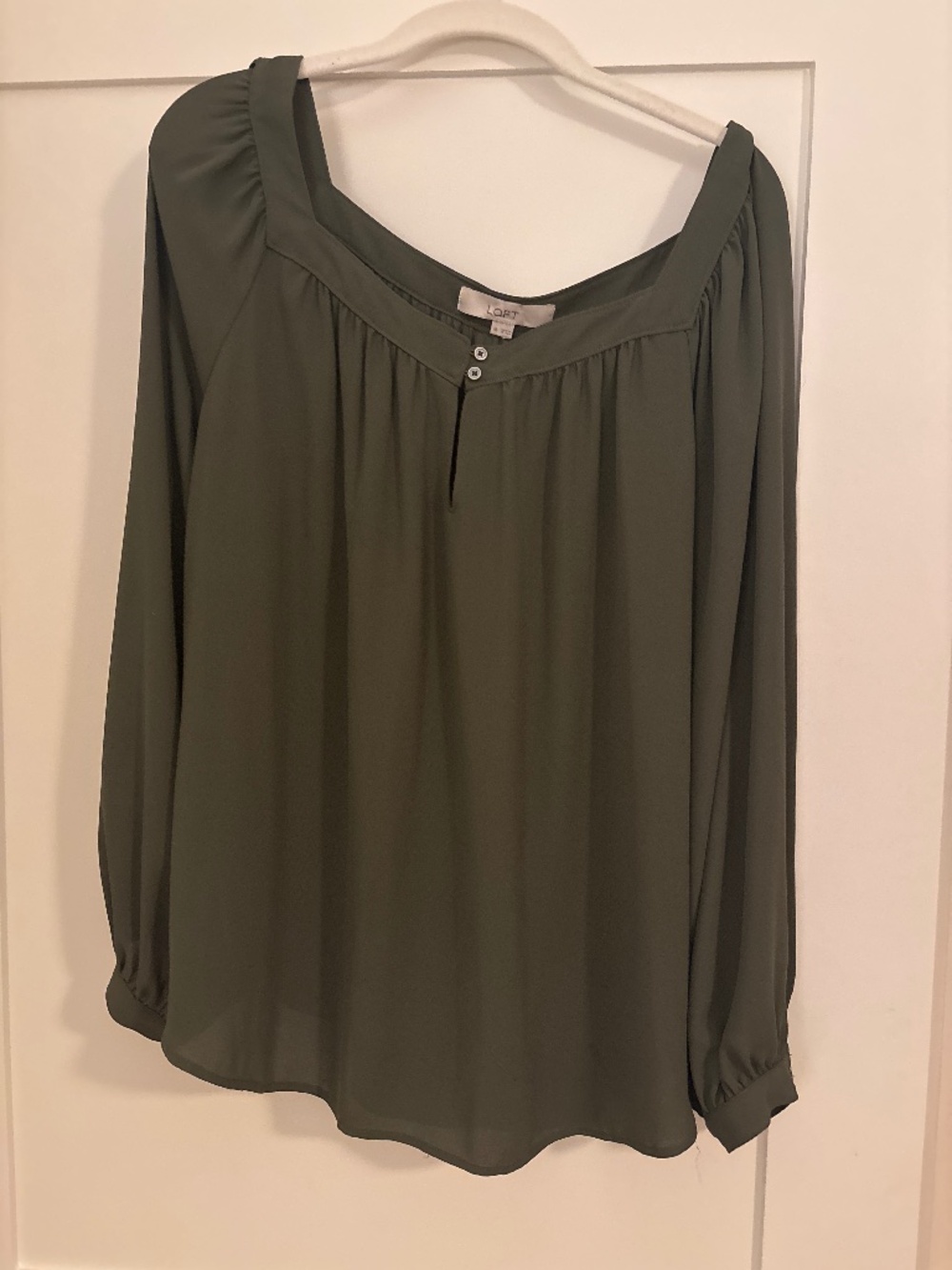 Loft forest, green square neck blouse with balloon sleeves
